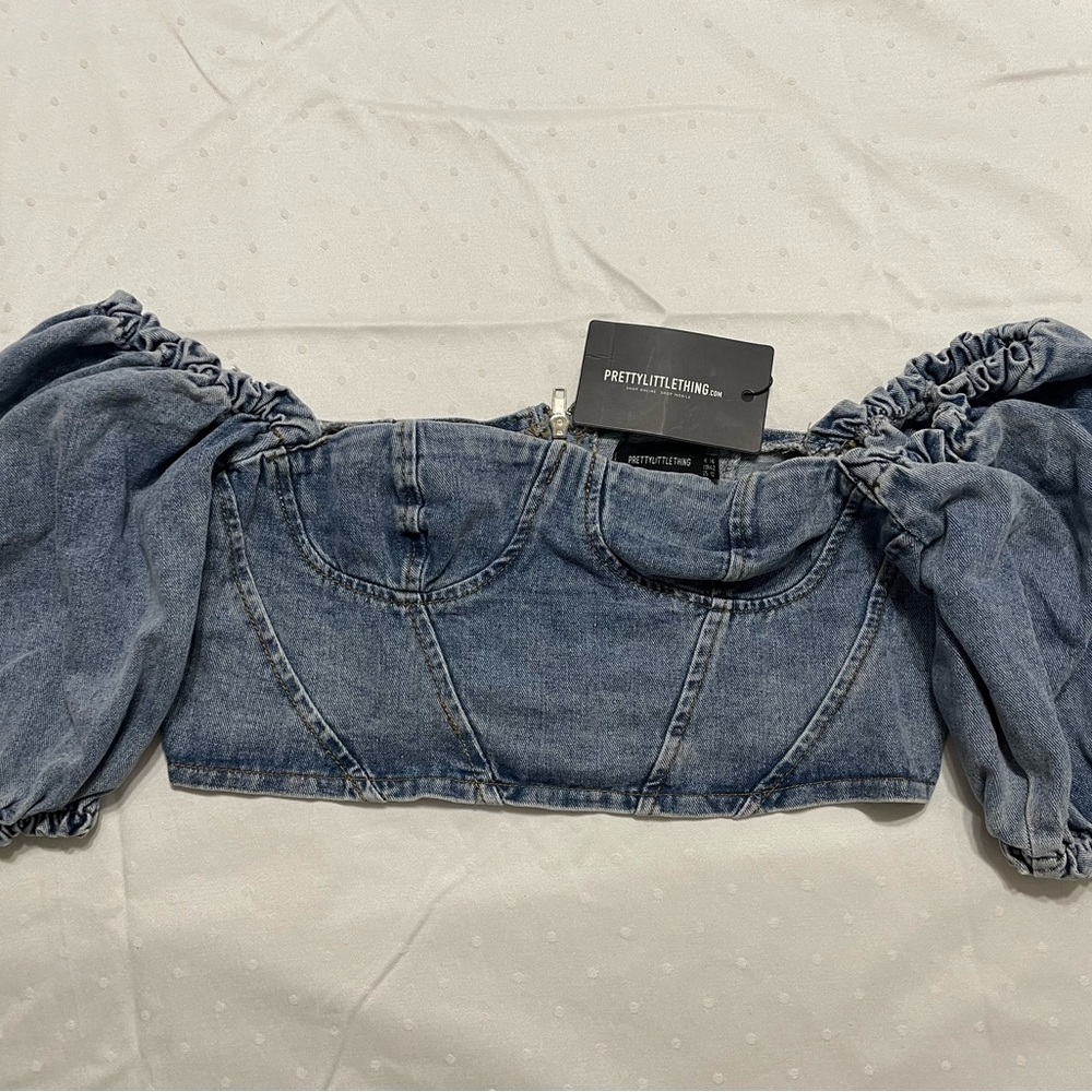 PrettyLittleThing Blue Denim Off-Shoulder Top
